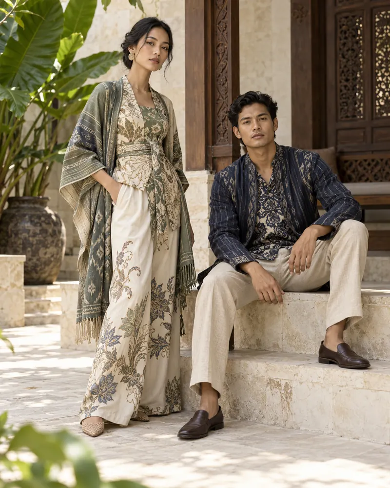Ilustrasi editorial fashion Indonesia dengan batik dan tenun