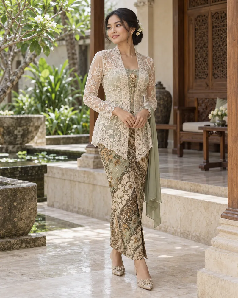 Ilustrasi kebaya modern dan batik untuk editorial pernikahan